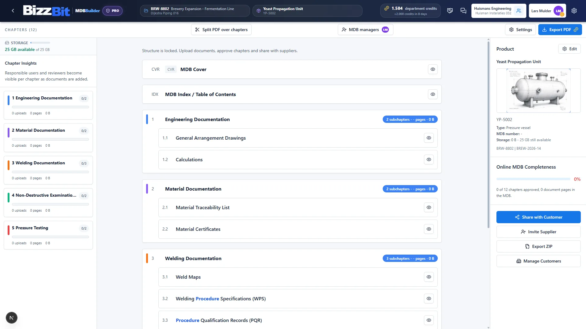 The MDB Builder chapter structure: chapters and subchapters with uploads, approvals, supplier inbox and completeness
