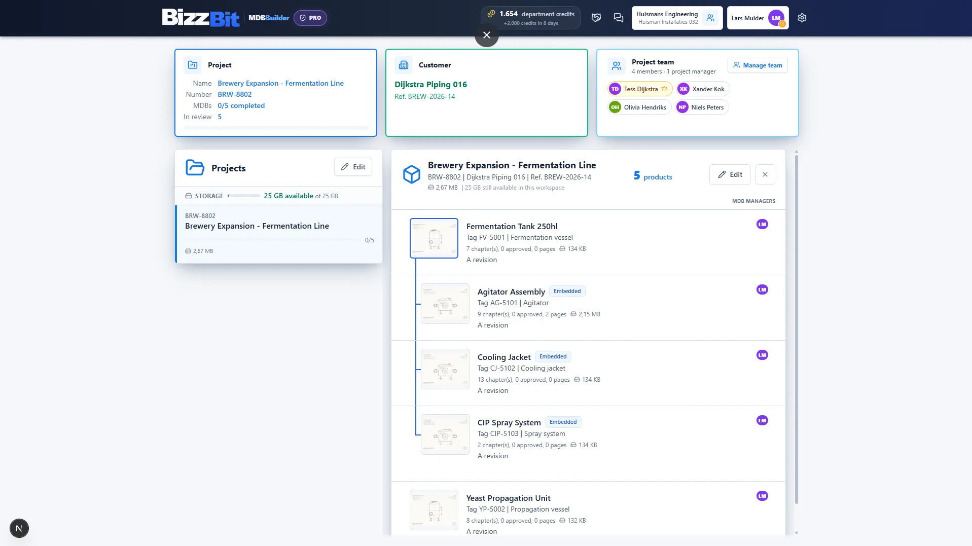 The MDB Builder project dashboard: project, customer and team cards with the product tree of a brewery expansion project