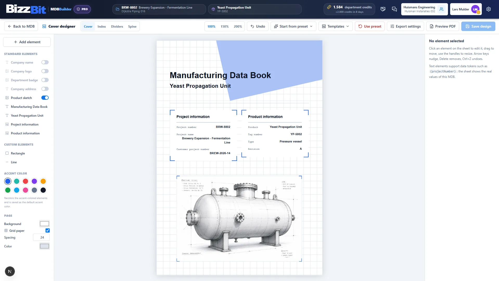 The MDB Builder cover designer: composing the Manufacturing Data Book cover for a Yeast Propagation Unit, with project fields, accent colors and a product sketch