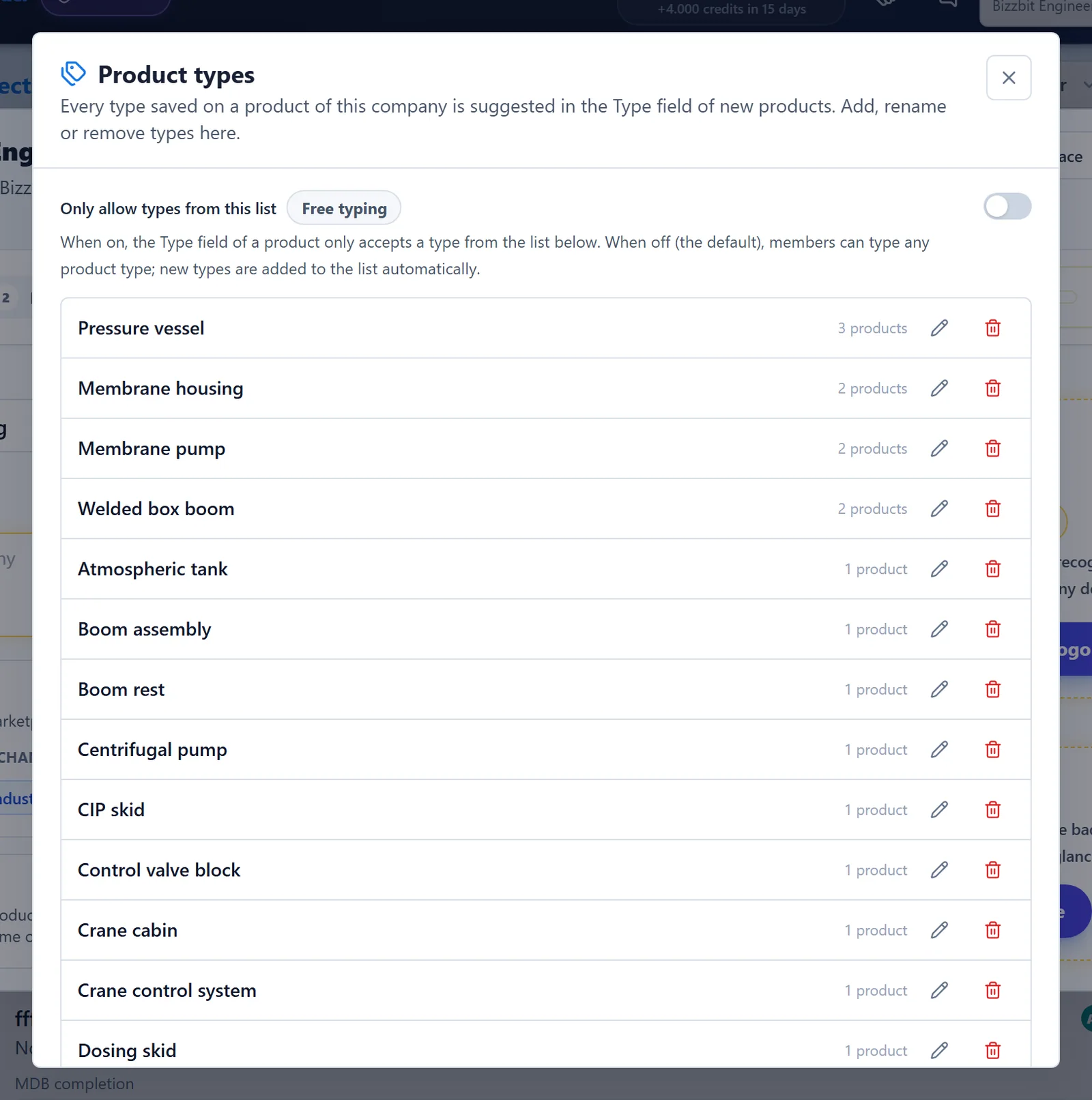The Product types window with the list of types