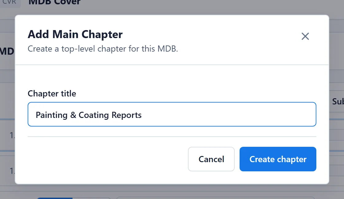 The Add Main Chapter window with a chapter title filled in