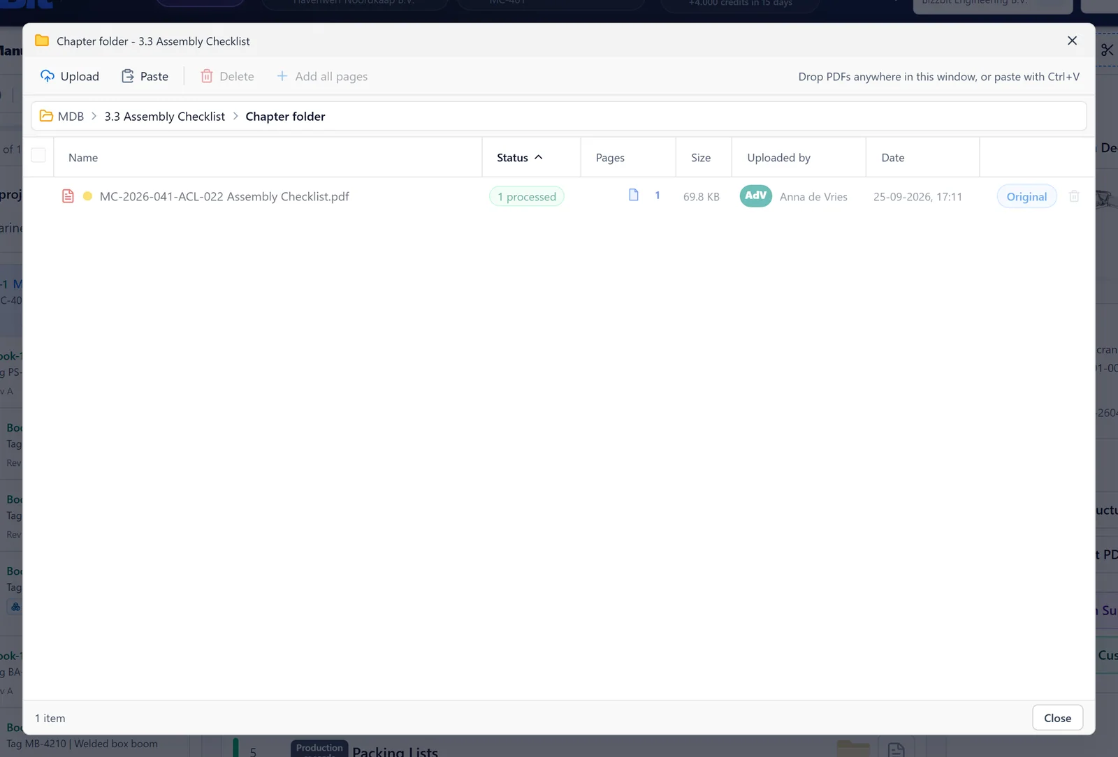 The chapter folder window with its files, pages and the Upload, Paste and Add all pages commands