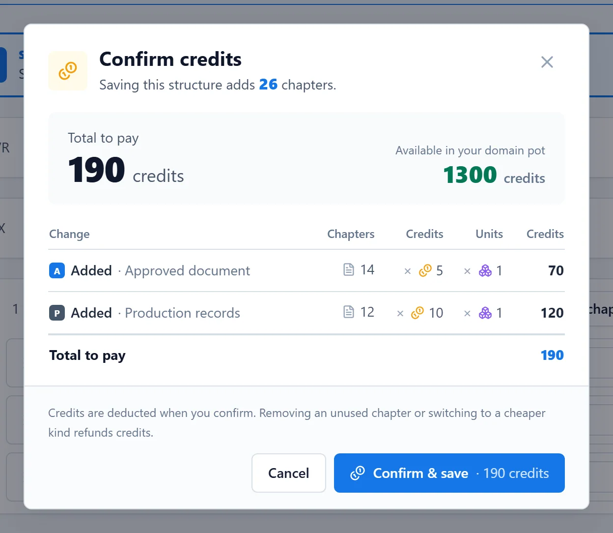 The Confirm credits window with the chapters added per kind, the total and the available credits