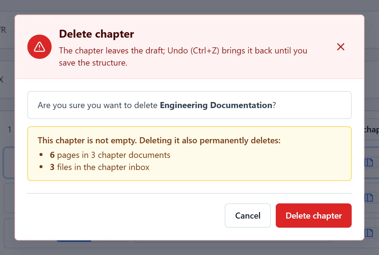 The Delete chapter confirmation, listing the pages and chapter folder files that would be deleted
