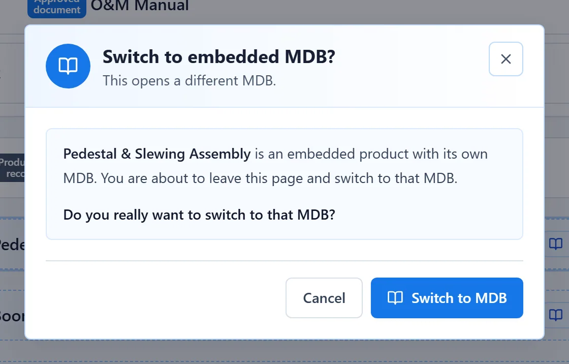 The warning Switch to embedded MDB? with the buttons Cancel and Switch to MDB