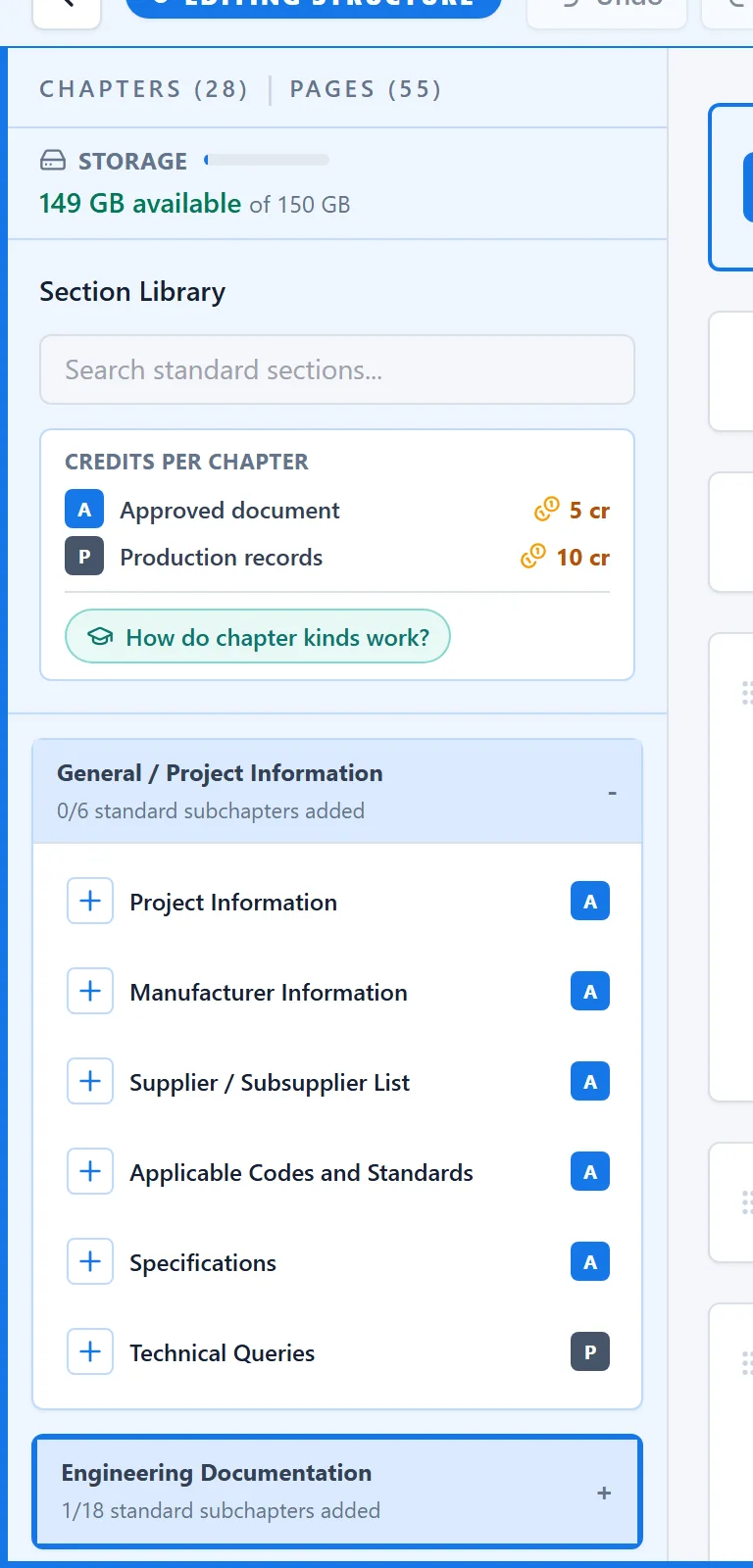 The Section Library with one group unfolded and the credits per chapter kind at the top