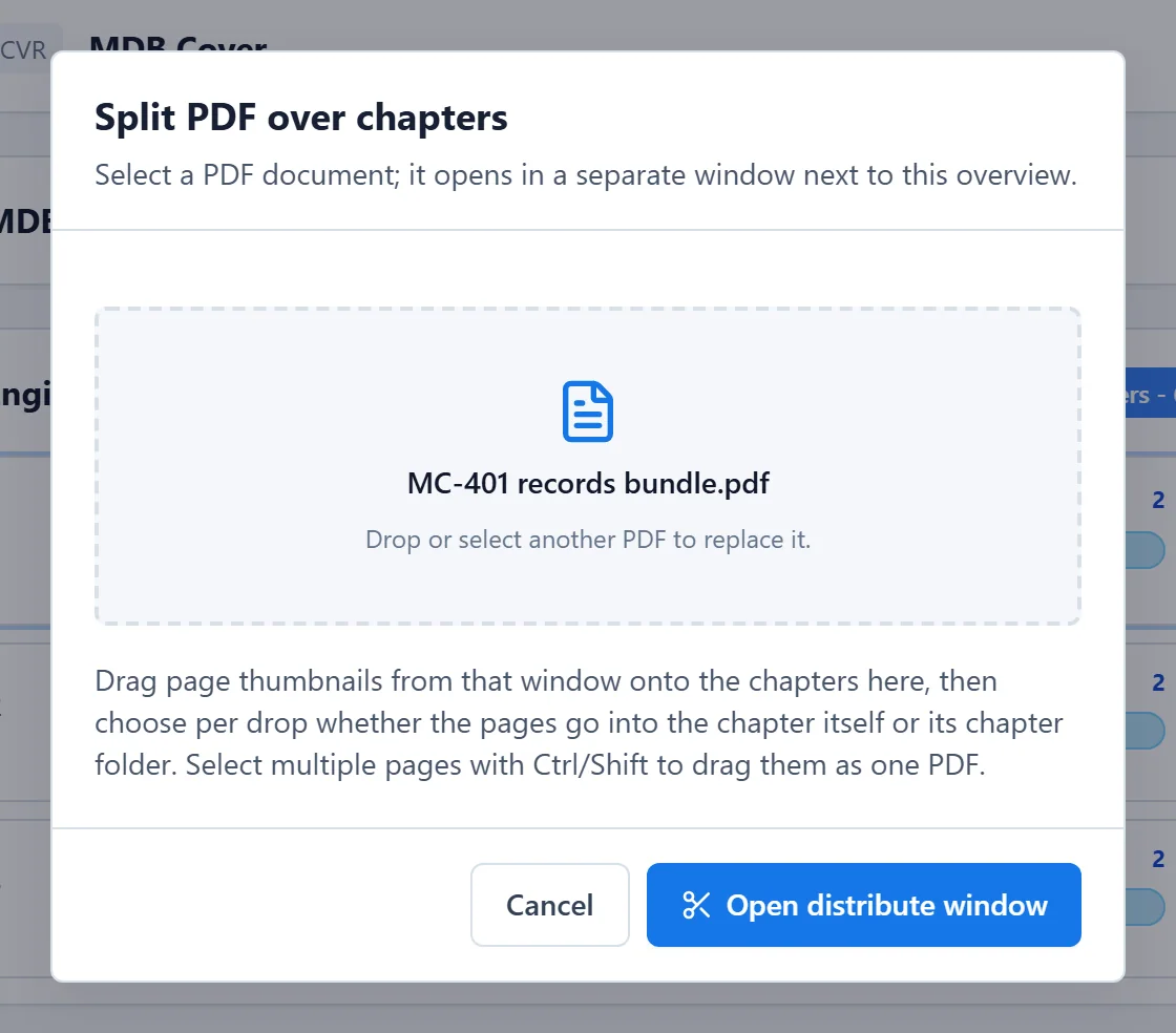 The Split PDF over chapters window with a PDF selected and the Open distribute window button