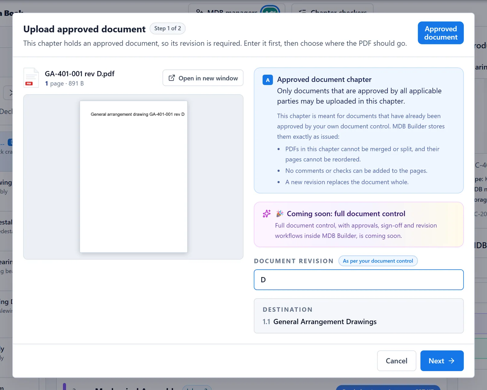 Step 1 of the Upload approved document window, with the document revision filled in
