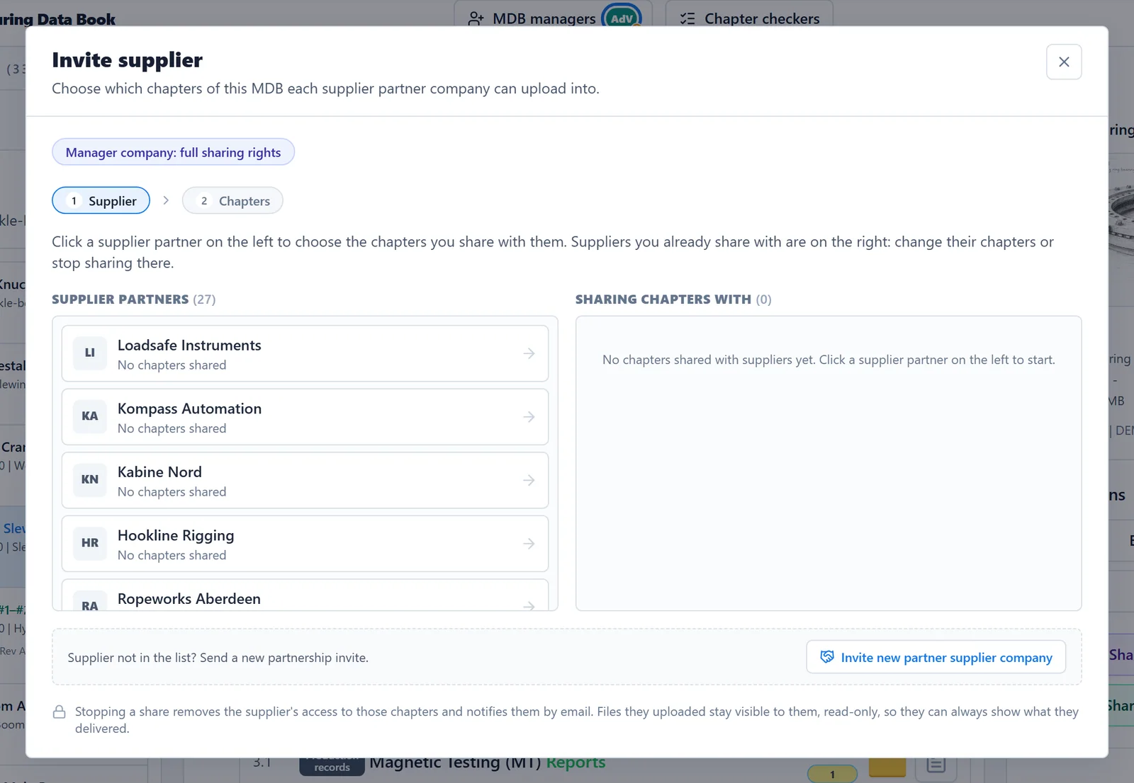 Step 1 of the Invite supplier window with the list of supplier partners