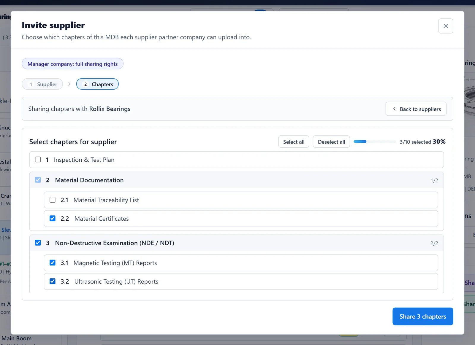The Chapters step with three chapters selected for the supplier