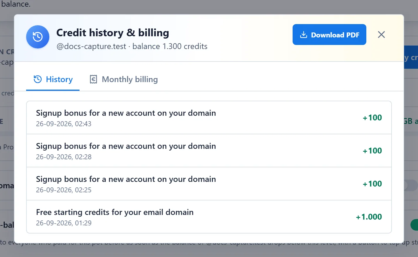 The Credit history & billing window on the History tab