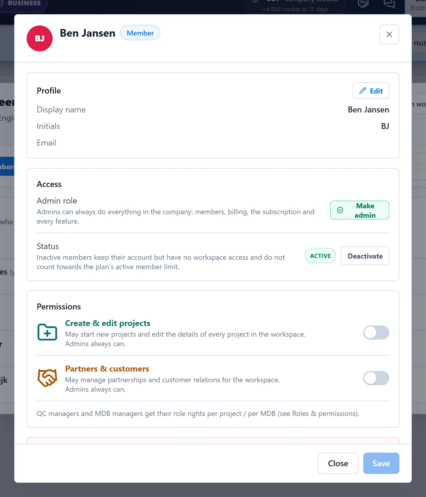 The details of a member, with the Access and Permissions sections