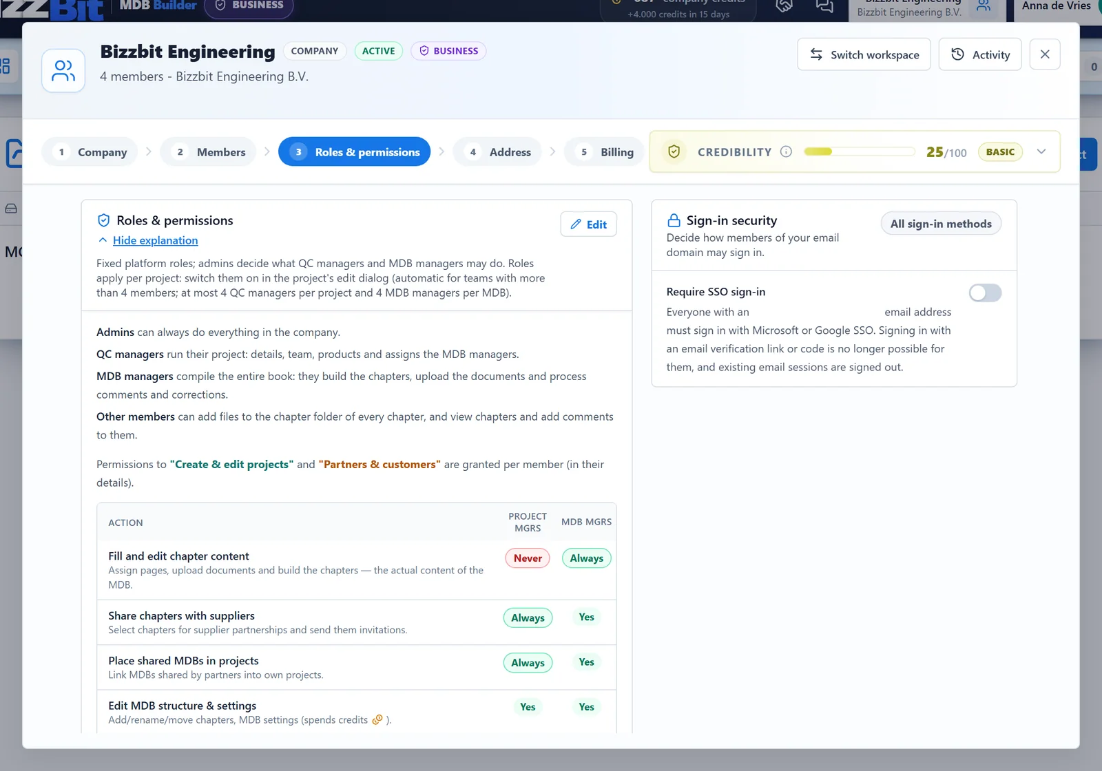 The Roles & permissions tab with the explanation of the roles and the settings table
