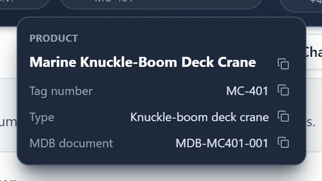 The product card in the top bar with the tag number, type and MDB document number