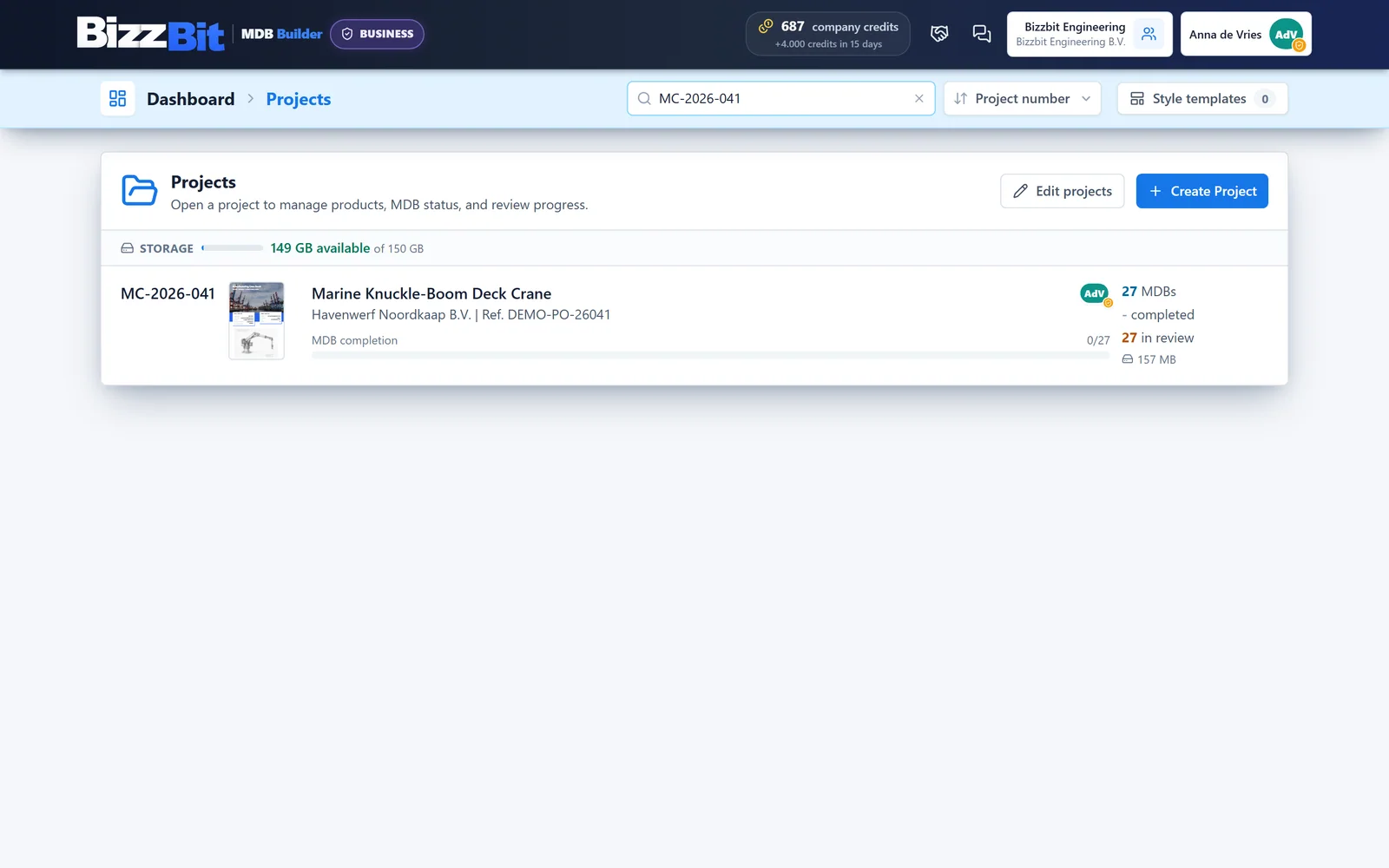 The MDB Builder dashboard with the header, the Projects top bar and the projects list