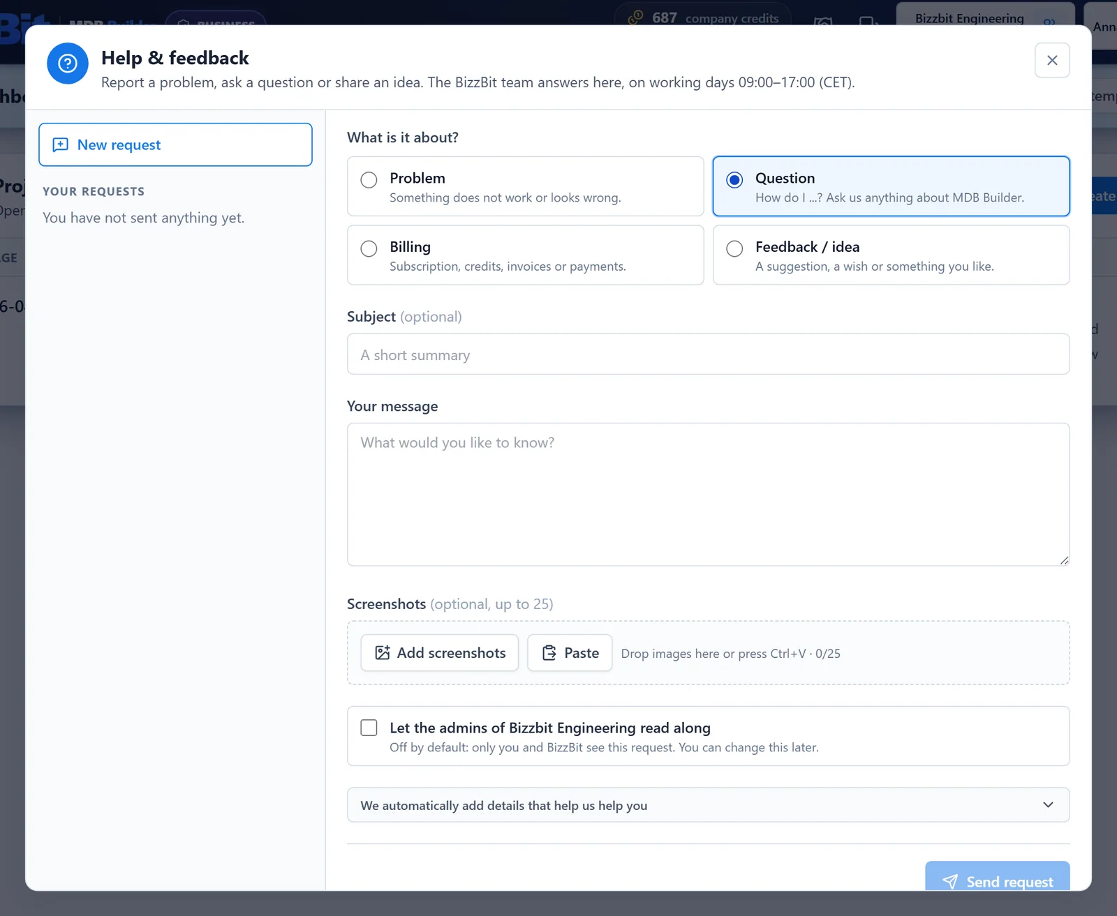 The Help & feedback window with a new question
