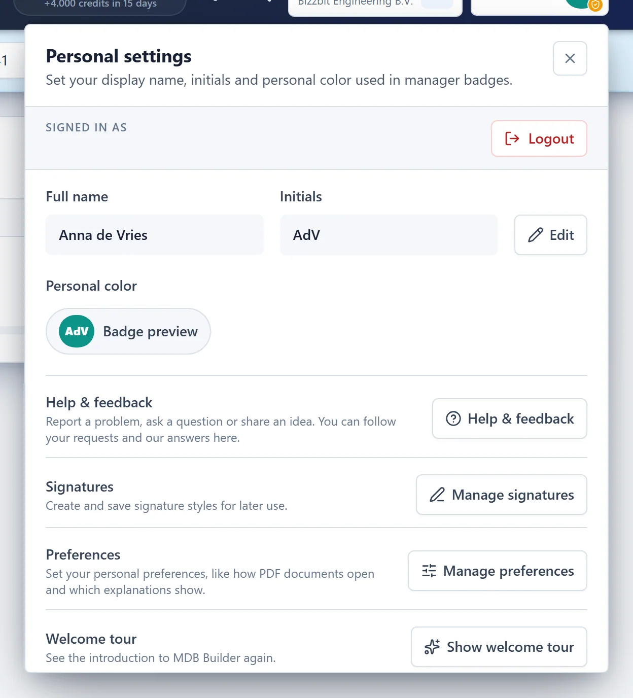 The Personal settings panel with name, initials, personal color and the settings rows