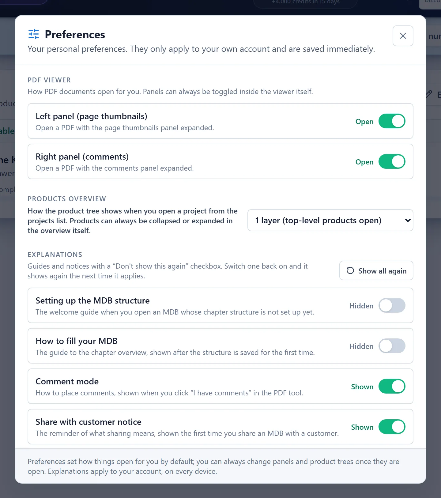 The Preferences window with the PDF viewer, Products overview and Explanations sections