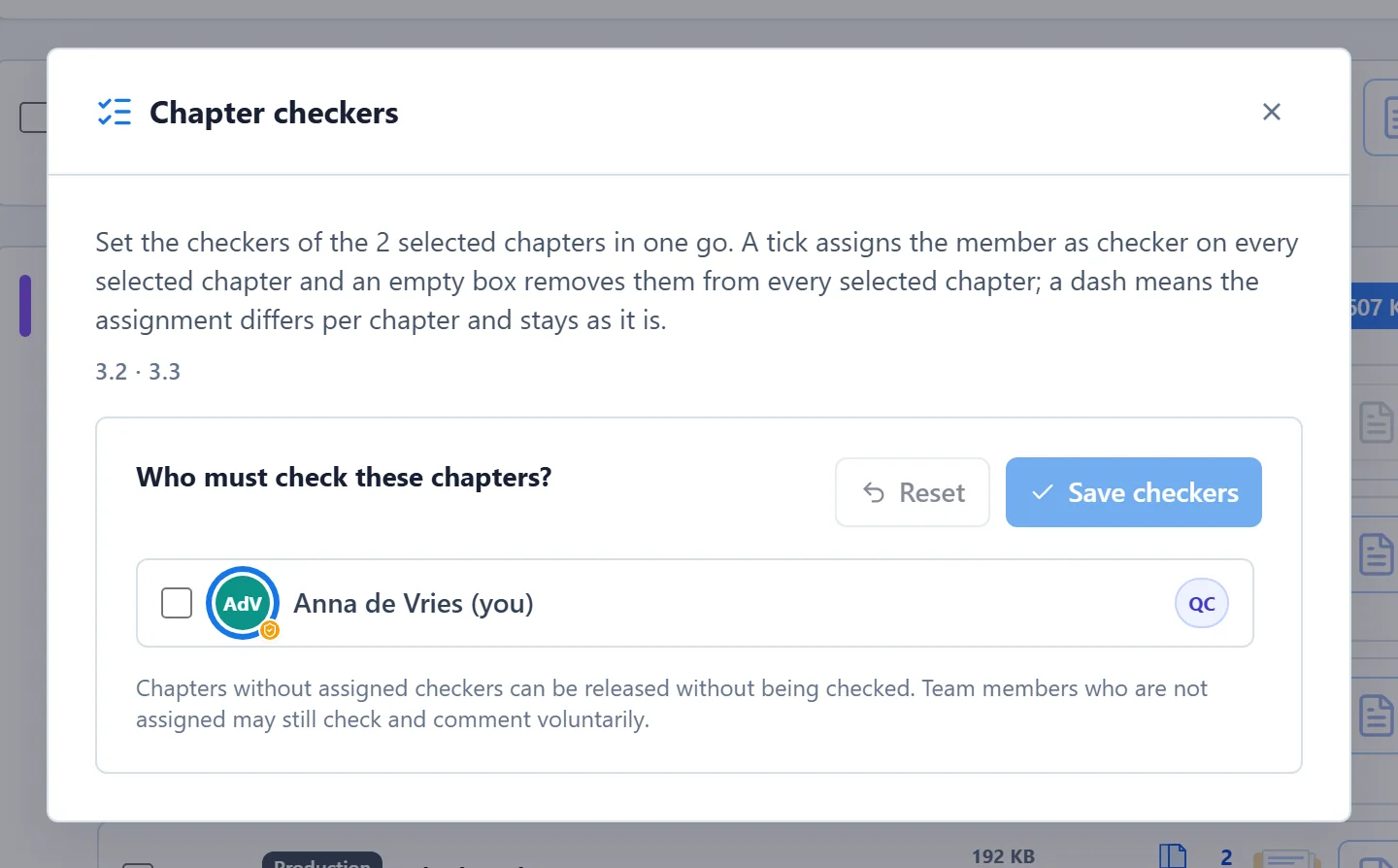 The Chapter checkers window for several chapters, with a checkbox per team member