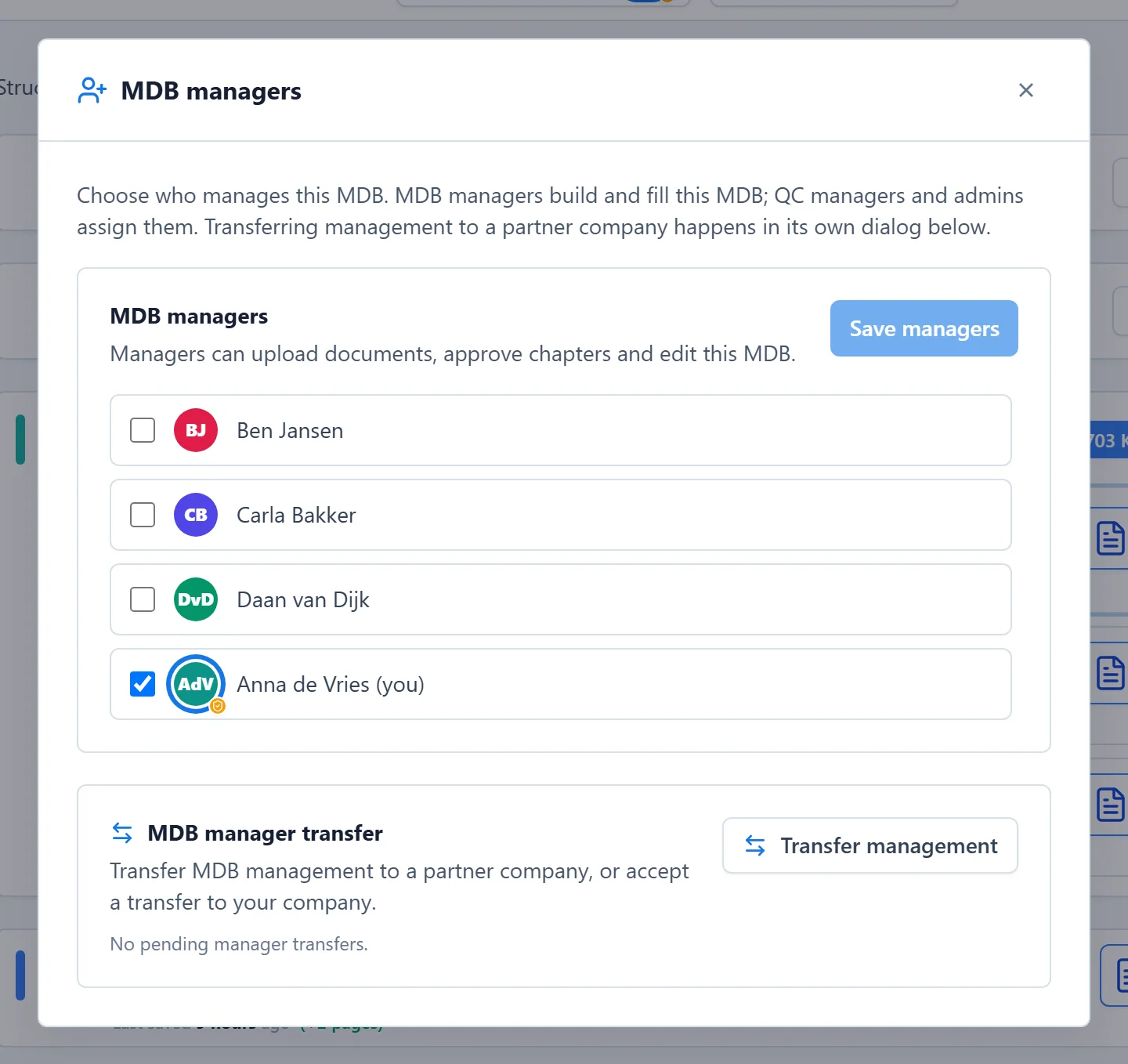 The MDB managers window with a checkbox per company member