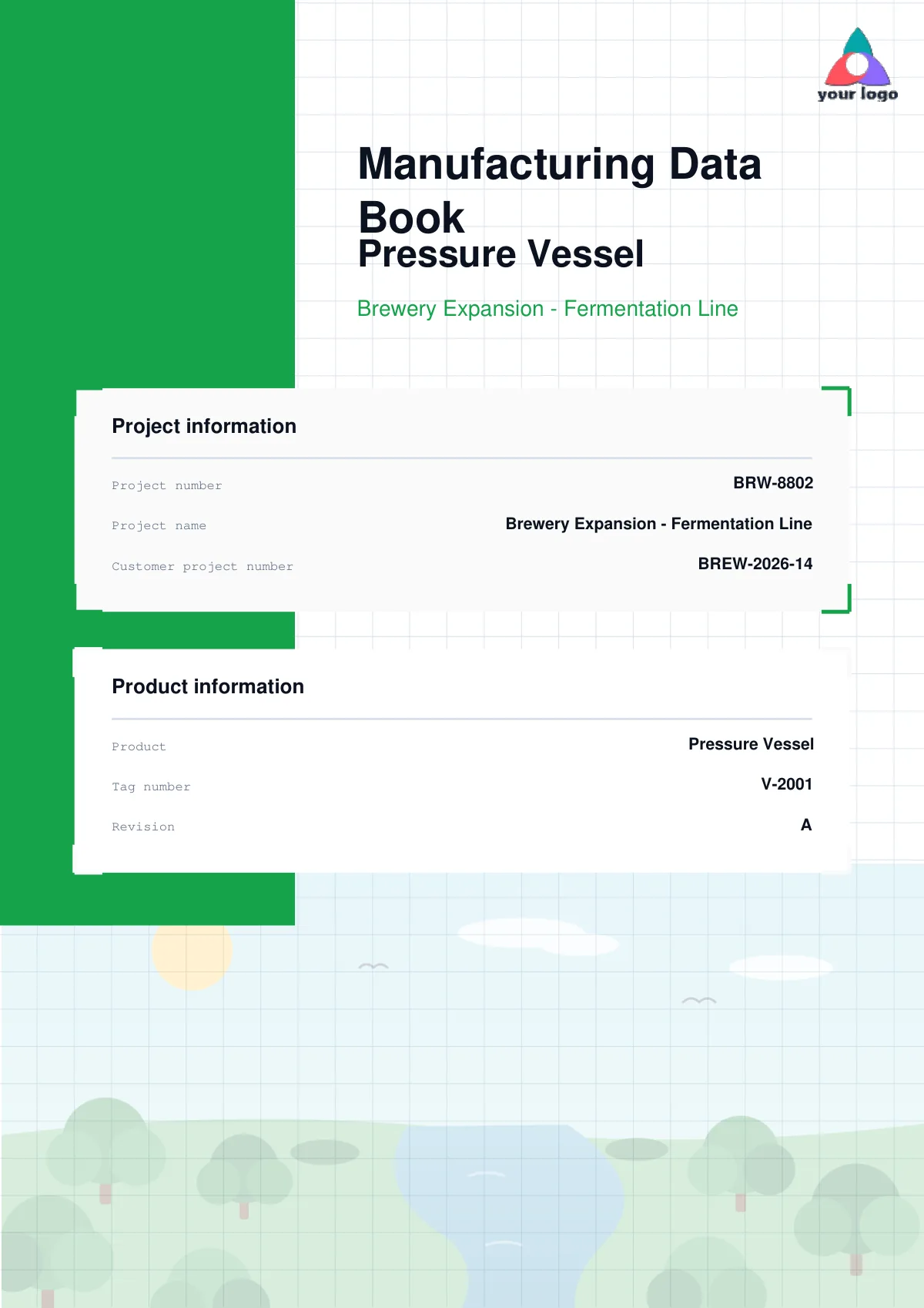 Auto-generated MDB cover sheet in a custom template for a Pressure Vessel (brewery fermentation line)